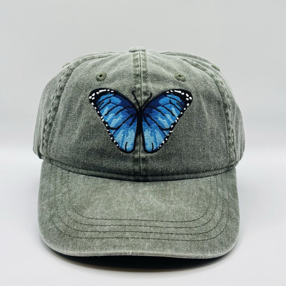 Blue Morpho Butterfly Embroidered Cotton Cap Hat Strapback Como Zoo
